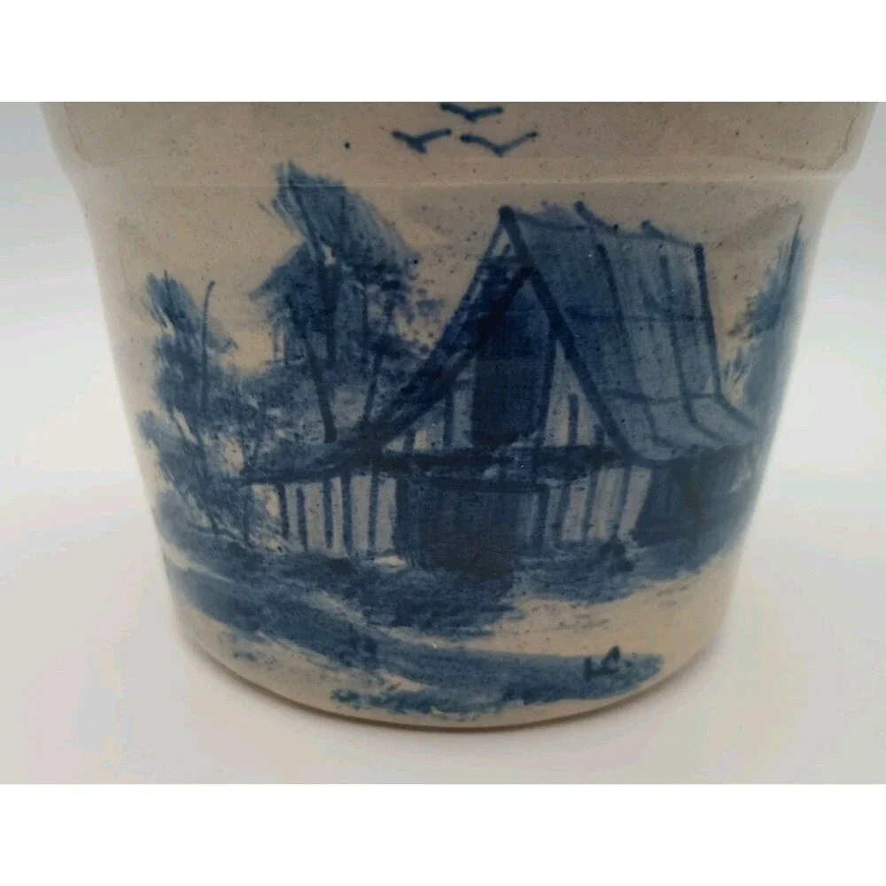 Vtg Paul Storie Pottery Painted Crock Barn Trees Birds